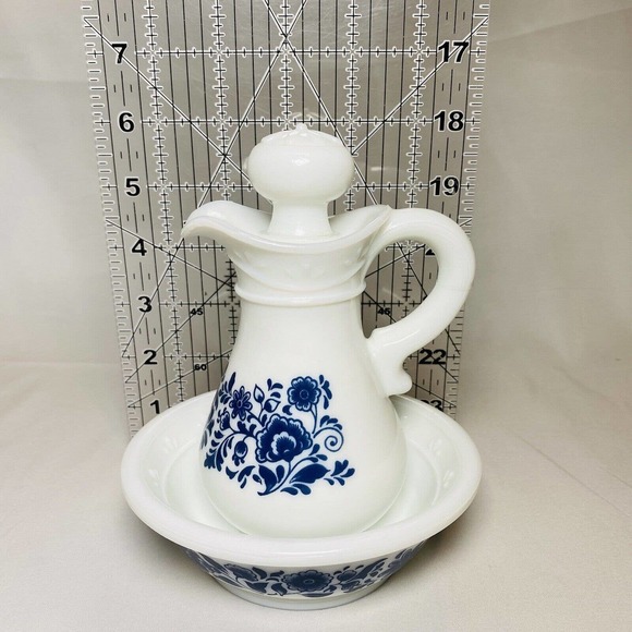 Vintage Avon Delft Blue Pitcher and Bowl EMPTY Milk Glass Floral Design - Picture 16 of 16